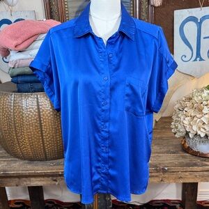 Entro Royal Blue Satin Button Down Shirt—Oversized